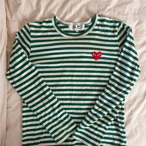 Comme des Garçons PLAY Green and White Striped Long-Sleeve Tee with Red Heart